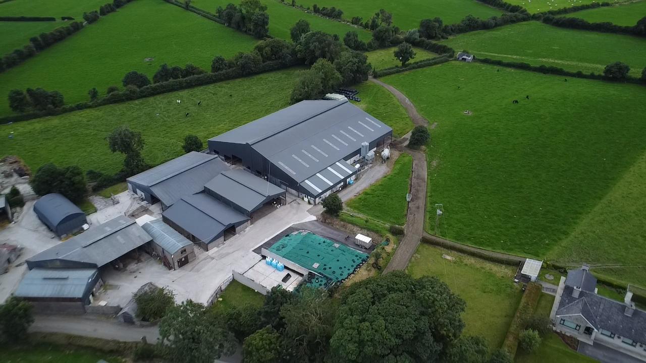 Aerial overview of modern dairy housing sheds and silage pit area at Tully